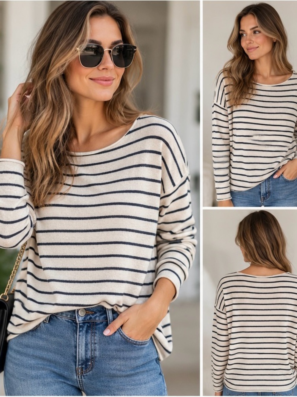 Vince. 100% Cashmere Striped Long-Sleeve Knit Sweater - Navy & Cream S